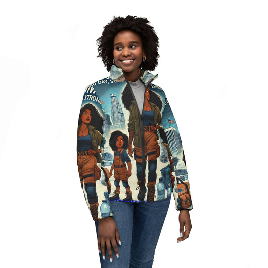 Empowering Women's Puffer Jacket - Bold Adventure Print