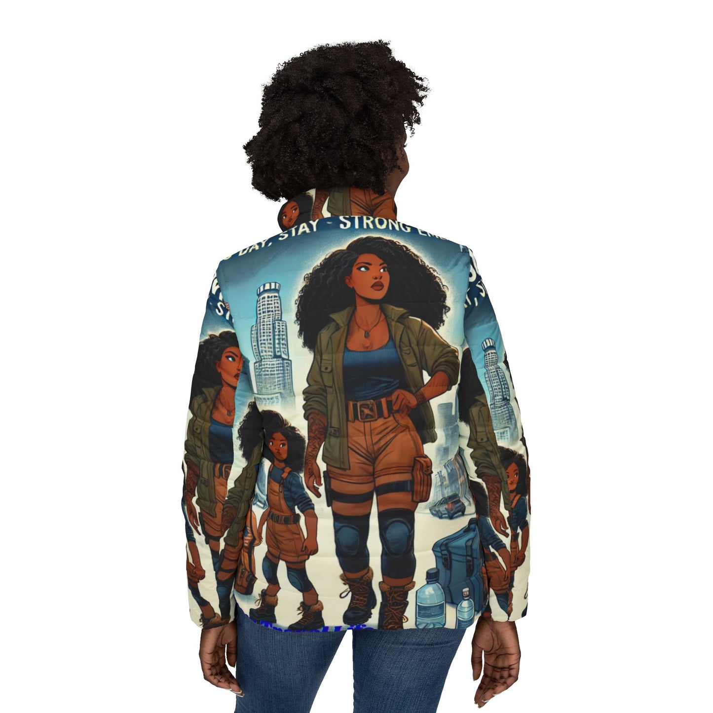 Empowering Women's Puffer Jacket - Bold Adventure Print