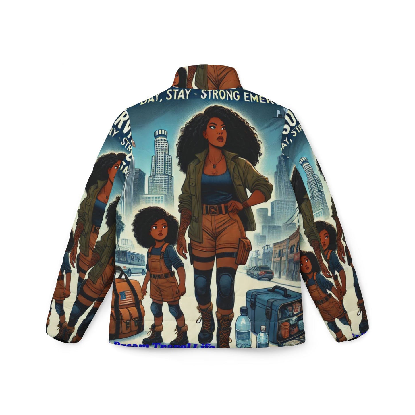 Empowering Women's Puffer Jacket - Bold Adventure Print