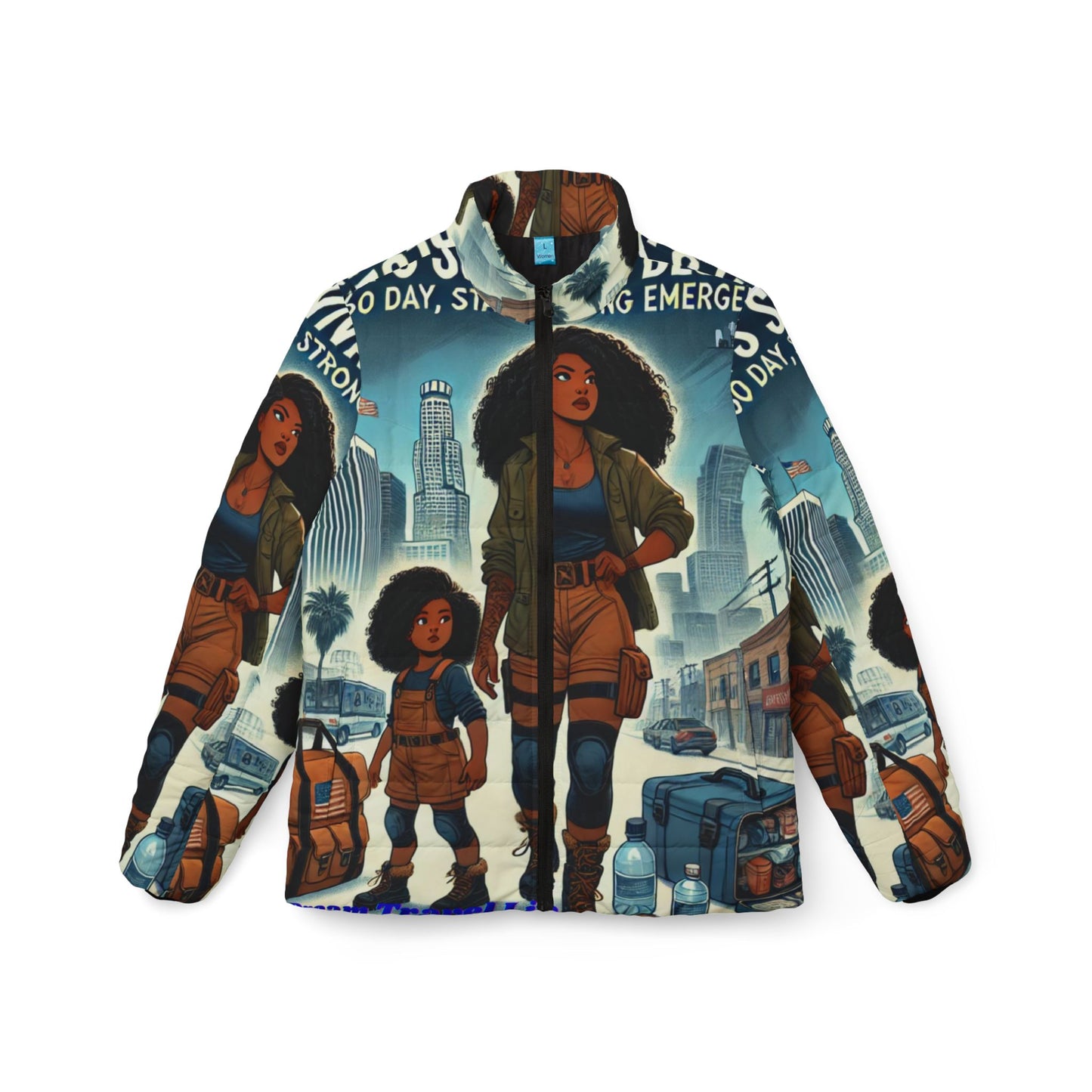 Empowering Women's Puffer Jacket - Bold Adventure Print